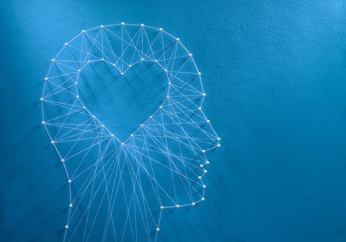 Network of pins and threads in the shape of a cut out heart inside a human head symbolising that emotional intelligence is the core of our succcess.