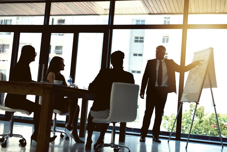 An executive coach points to a presentation board in front of a group of business persons, during an executive coaching services presentation.